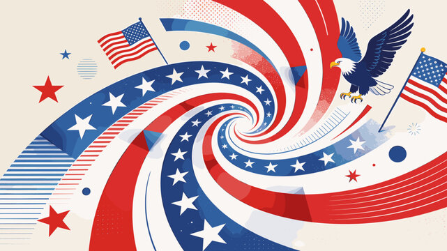 An abstract patriotic swirl of red, white, and blue with American flags and an eagle.