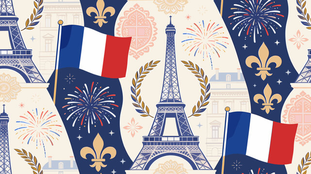A vibrant French-themed illustration featuring the Eiffel Tower, French flags, fleur-de-lis, and fireworks, evoking a sense of celebration and national pride.