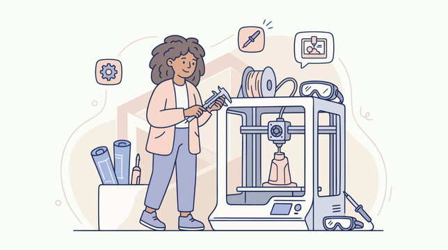 Woman engineer with calipers near 3D printer with filament and blueprints creating innovation with happy mood