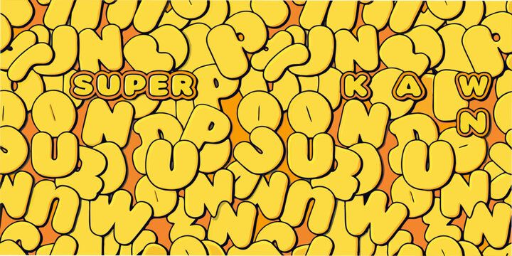 Yellow bubble letter pattern with scattered words vibrant and repeating