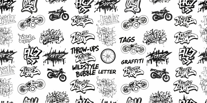 Graffiti tags and motorcycle illustrations black and white seamless pattern