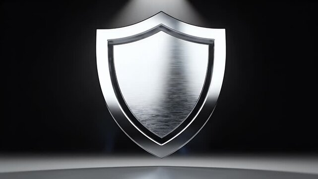Gleaming metallic shield centered against a dark, spotlighted background