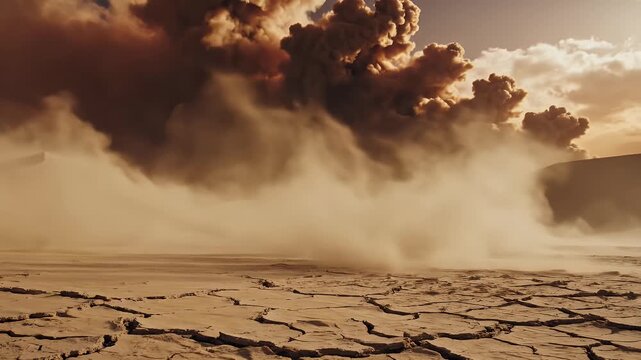 Dramatic volcanic eruption spews ash and smoke into the sky over arid landscape