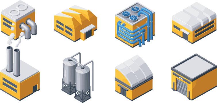 Isometric Industrial Factory Building Vector Icon Set with Warehouses, Storage Tanks, Chimneys, and Manufacturing Plant Infrastructure Elements for Digital Graphics