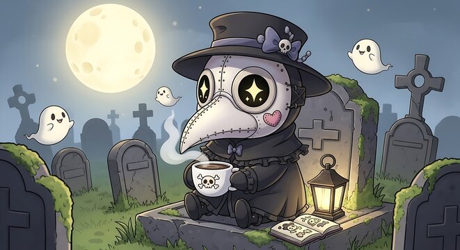 Cartoon plague doctor drinks coffee by tombstones under moonlight