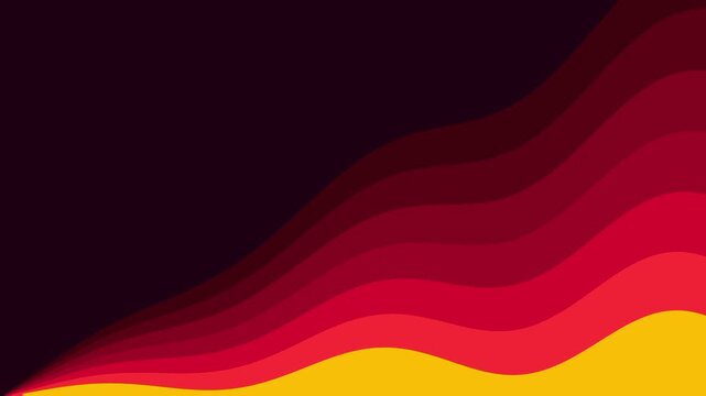 Layered red orange and yellow wave shapes rise organically on a dark background like topographic terrain in abstract digital art
