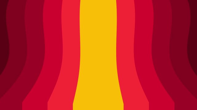 Curved red and yellow concentric bands bow outward symmetrically on a dark background in a bold hypnotic abstract visual design