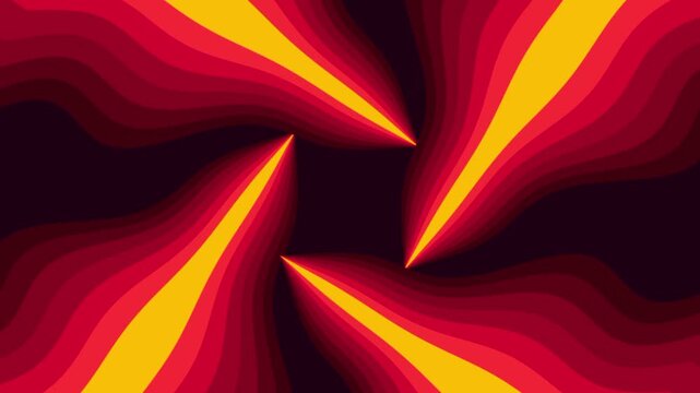 Sharp red and yellow angular lines spiral and rotate outward from the center in a dynamic abstract pinwheel geometric design