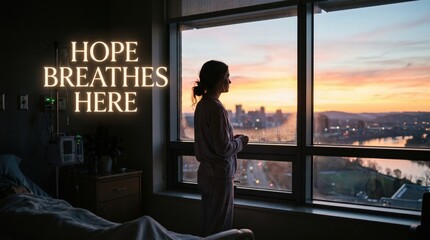Fototapeta premium A woman stands by a hospital window looking at a sunset city