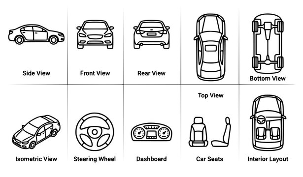 Monochrome car icon set with automobile side top front isometric and interior views editable vector transparent background