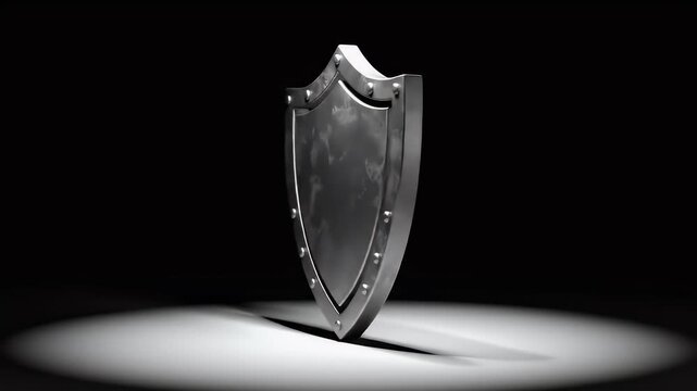 A polished metal shield stands in the spotlight against a dark background