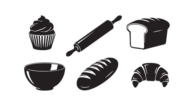 Bakery and pastry shop icons featuring fresh bread cupcake rolling pin croissant and mixing bowl in black silhouette.