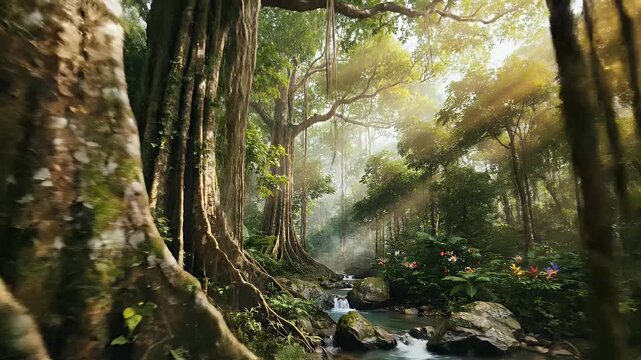 Sunbeams pierce a lush rainforest with a stream and dangling vines