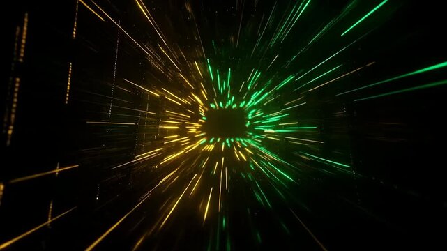 Futuristic neon green and gold warp speed motion graphic