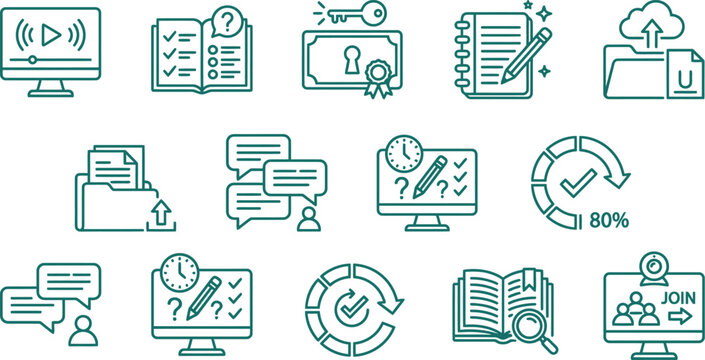 Online learning micro activity icons pack educational ui icon set video lecture quiz solving certificate unlock note taking assignment upload