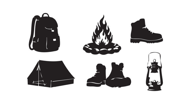 Camping and outdoor recreation equipment icons featuring backpack campfire hiking boots tent and vintage oil lantern.