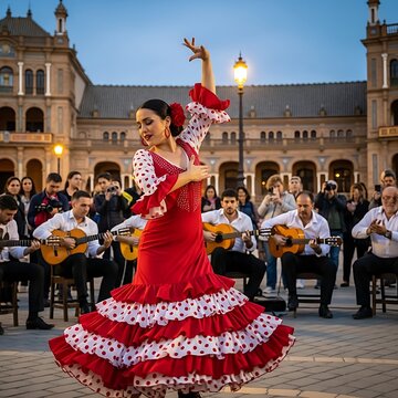 Flamenco Dancer Performs in Plaza de Espana Seville Spain.