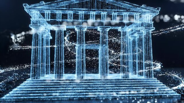 Blue digital structure with columns and steps against a dark background