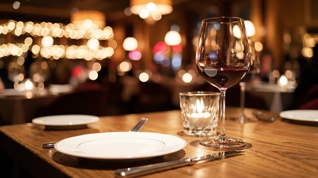 Elegant Restaurant Table Setting with Wine and Candlelight.
