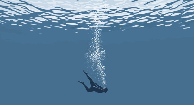Drowning person sinking into deep blue water with air bubbles