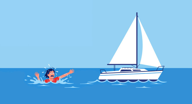 Person drowning in the sea with a sailboat in the background