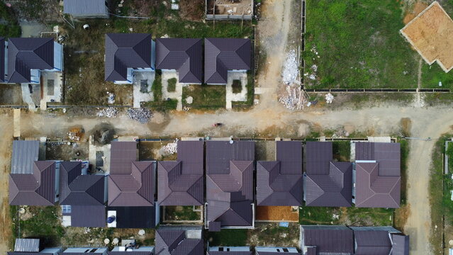 Aerial view of government subsidized housing that looks dense