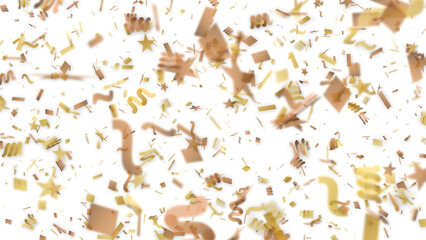 Fototapeta premium Golden confetti falling on white background, festive gold foil streamers and stars, luxury celebration party decor, shimmering metallic paper pieces