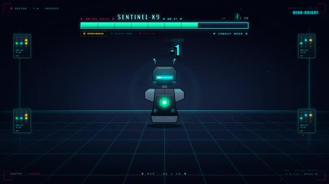 Retro pixel art boss battle video game with sentinel robot countdown timer and combat health bar interface
