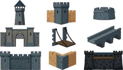 Medieval Castle Architecture and Fortress Structure Set Featuring Watchtower Gate Bridge Bastion Drawbridge Walls and Ancient Defense Construction Vector Collection © MstSuborna