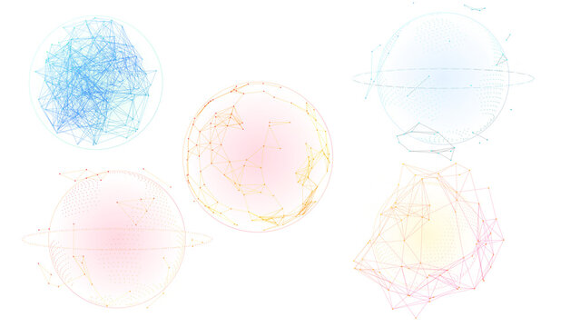 Abstract digital plexus spheres, set of five geometric network globes, colorful wireframe connection orbs on white background
