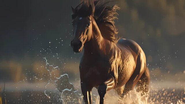 Majestic black horse running through water at sunset with spray and golden light