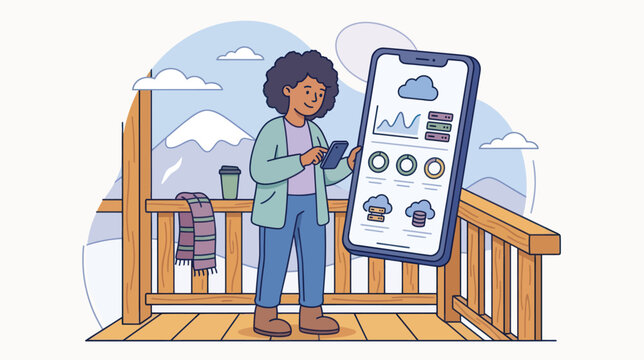 Person checks technology data on phone with winter mountains background while enjoying coffee outdoors