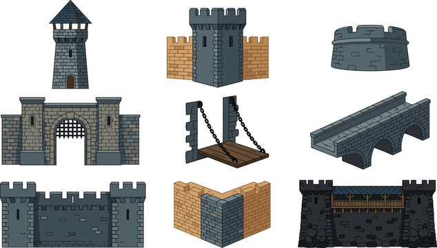 Medieval Castle Architecture and Fortress Structure Set Featuring Watchtower Gate Bridge Bastion Drawbridge Walls and Ancient Defense Construction Vector Collection