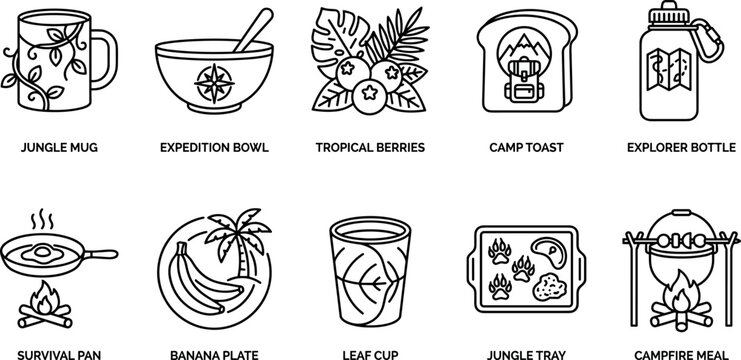Adventure safari cooking and rainforest trekking ration line icon set for wild camping equipment branding and scouting design