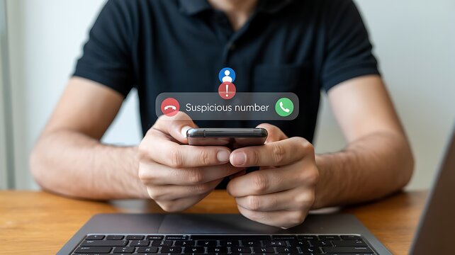 Close-up of hands holding a smartphone displaying a suspicious incoming call alert, highlighting the modern problem of scam and spam phone calls