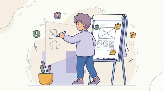 Man plans website layout and user interface flow on whiteboard while learning new skills