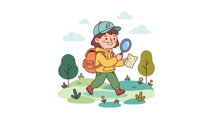 Fototapeta premium Child exploring nature with magnifying glass in sunny outdoor meadow with trees and flowers