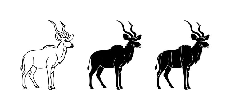 Kudu Antelope Vector Icons, Silhouette and Outline Styles