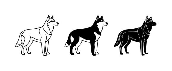 Husky Dog Vector Icons: Outline, Color, Silhouette Dog Graphics © Mahmudur