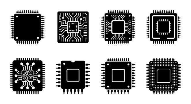 Microchip Icons Set, Electronic Components, Computer Hardware Vector Graphics