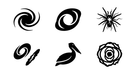 Black Icons Set: Galaxy, Spider, Pelican, Rose, Abstract Shapes © Ruma