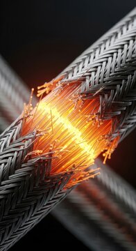 Fractured cable, glowing orange wires, broken fiber optic, damaged cord