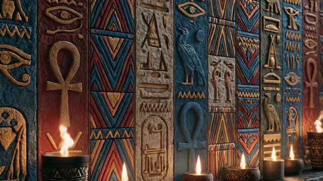 Ancient Egypt wall full of holographic patterns and lantern lights, mystical futuristic heritage scene with glowing symbols, golden texture, and cultural sci-fi atmosphere.