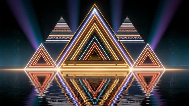 Beautiful Native American inspired neon light play design with symmetrical abstract background, colorful geometric pattern with tribal art mood and futuristic glow concept.