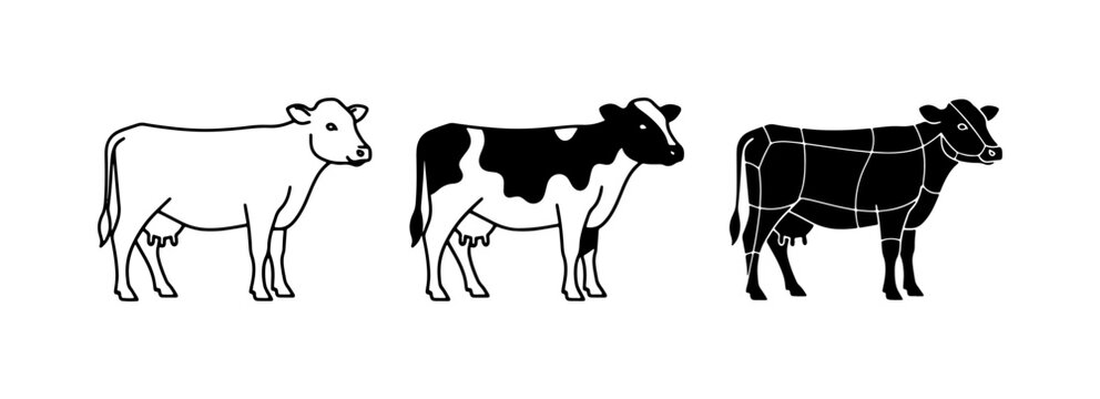 Cow Icons: Outline, Spotted, and Butcher Diagram Vector Set