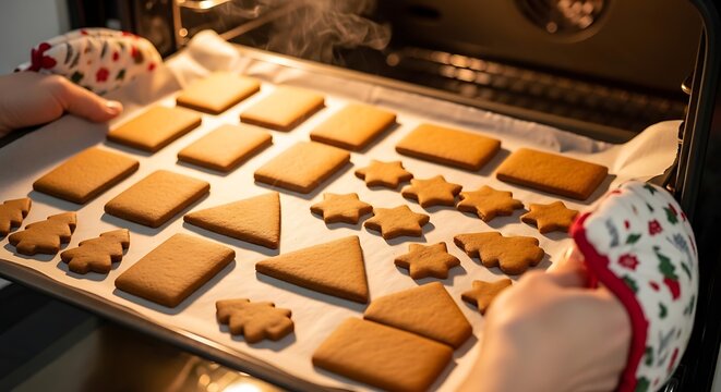 Baking gingerbread cookies in oven festive holiday season food preparation
