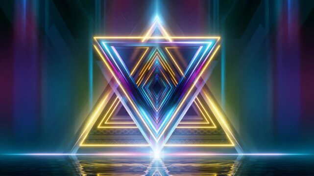 Abstract minimal neon light play design with triangle and circle, clean geometric background with glowing futuristic lines, modern digital art, and copy space concept.