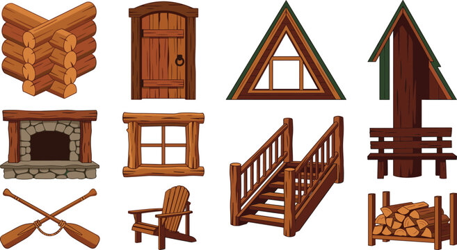 Rustic Cabin and Wooden Lodge Construction Elements Set Featuring Log Walls Door Window Staircase Fireplace and Forest Camp Architecture Vector Collection