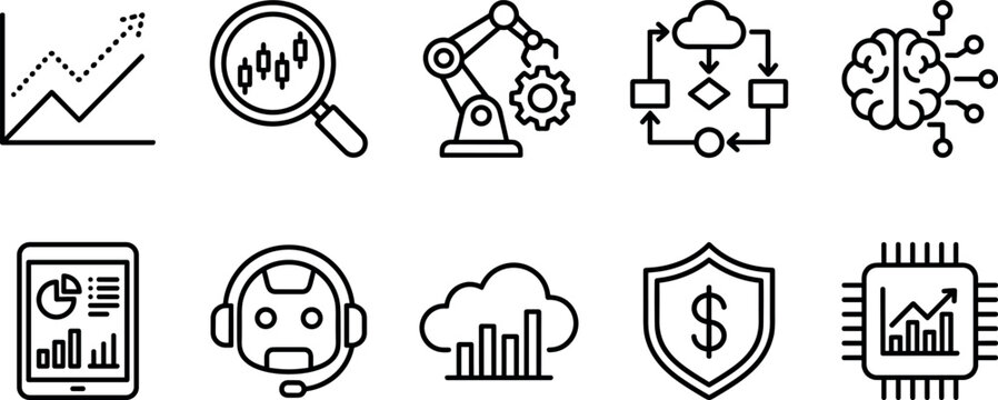 Artificial intelligence financial automation and smart predictive data analytics line icon set for fintech interface
