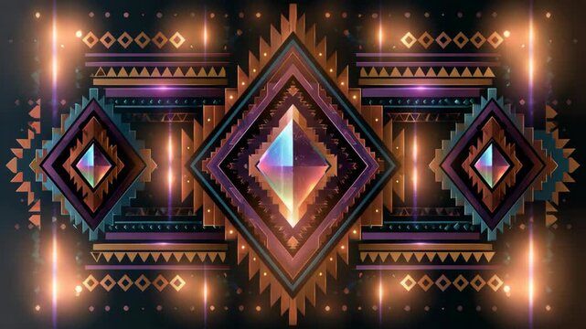 Beautiful Native American inspired neon light play design with symmetrical abstract background, colorful geometric pattern with tribal art mood and futuristic glow concept.